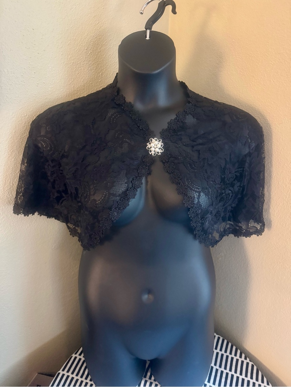 Black Lace Shawl with Rhinestone Brooch Clasp